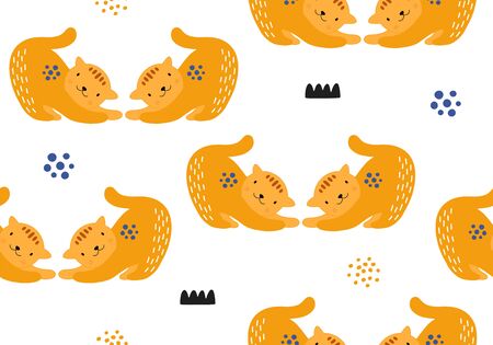 Animal seamless pattern with cat and different shapes. Abstract baby background illustration. Vector digital paper for kids and childrenのイラスト素材