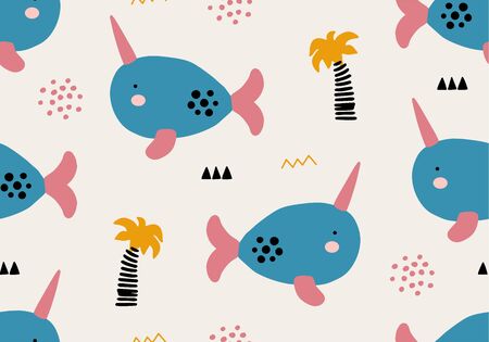 Whale pattern , seamless background with jungle illustartion. Vector digital paperのイラスト素材