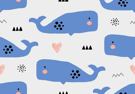 Whale pattern , seamless background with jungle illustartion. Vector digital paperのイラスト素材