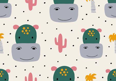 Hippopotamus baby seamless pattern, animal vector background. Cartoon hand drawn digital paperのイラスト素材