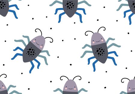 Cartoon animal pattern with insects, bug or beetle background. Vector digital paperのイラスト素材