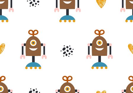 Seamless baby pattern with robot, nursery digital paper. Vector patternのイラスト素材