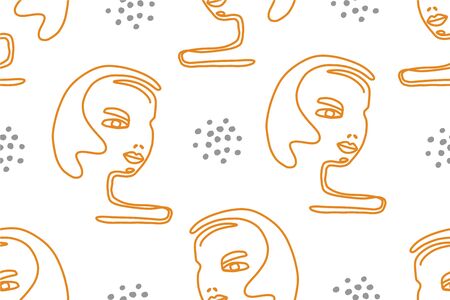 Seamless abstract pattern with face. Modern line art vector simple backgroundのイラスト素材