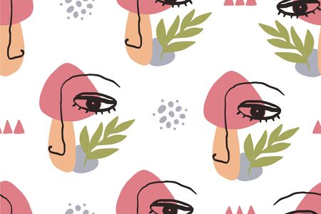 Seamless abstract pattern with face. Modern line art vector simple backgroundのイラスト素材