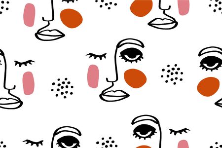 Seamless abstract pattern with face. Modern line art vector simple backgroundのイラスト素材