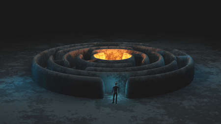 Man standing in front of maze entrence, dark horror place, old building, game concept with labyrinth