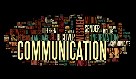 Communication concept in word tag cloud isolated on black backgroundの写真素材