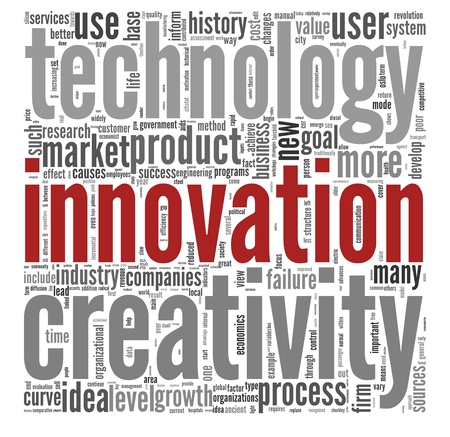 Innovation and technology and product concept related words in tag cloud on whiteの写真素材