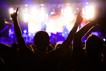 Crowd of fans cheering at night concertの写真素材