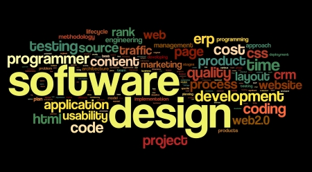 Software design concept in tag cloud on black backgroundの写真素材