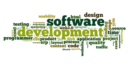 Software development concept in tag cloud on white backgroundの写真素材