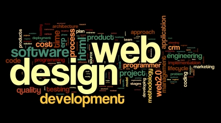 Web design concept in word tag cloud on black backgroundの写真素材
