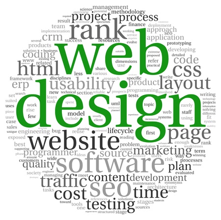 Web design concept in word tag cloud on white backgroundの写真素材