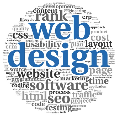 Web design concept in word tag cloud on white backgroundの写真素材