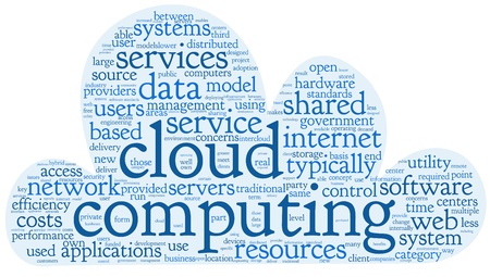 Cloud computing concept in word tag cloud on white in cloud shapeの写真素材