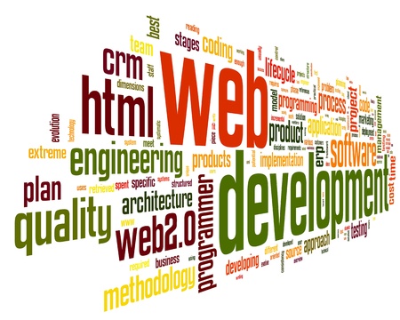 Web development concept in word tag cloud on black backgroundの写真素材