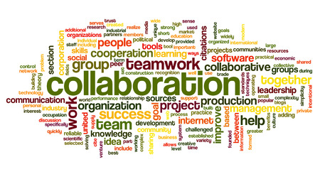 Collaboration concept in word tag cloud isolated on white backgroundの写真素材