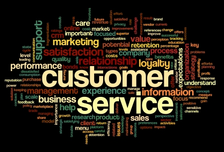 Customer service concept in word tag cloud on blackの写真素材