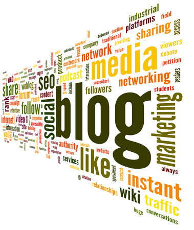 Blog and social media concept in word tag cloud on white backgroundの写真素材