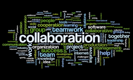 Collaboration concept in word tag cloud isolated on black backgroundの写真素材