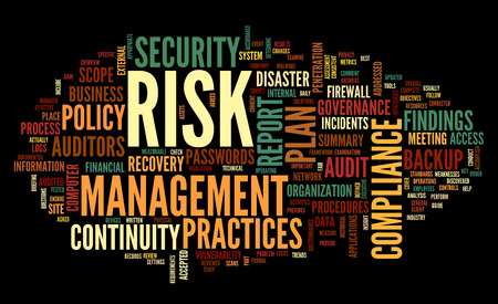 Risk and compliance in word tag cloud on blackの写真素材