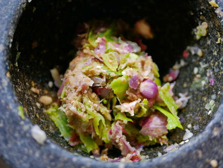 Close up of homemade Thai stir-fry chili paste in a mortarの写真素材