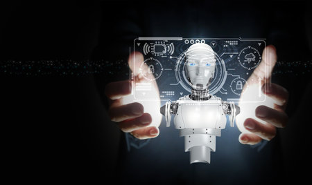 Hands of a businessman use or hold a learning artificial intelligence. AI technology, Deep and Machine learning concepts.の写真素材