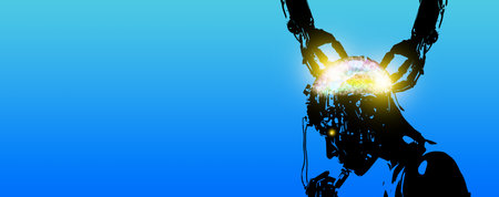 Ai creates AI, open-source artificial intelligence that builds its own kind. Robot hands assemble a brain for another robot. Deep artificial neural network (ANN) and hypernetwork technologiesの写真素材