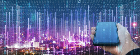 Information technology concept. A man's hand uses a smartphone to create, process, store, retrieve,...