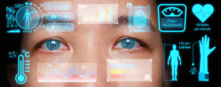 Close up of a smart contact lens technology that can correct vision, display information, and...