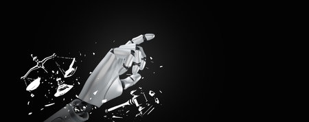 Artificial intelligence violates AI ethics and regulations. Robotic hand breaks out of control of the ethic and regulation symbols, a gavel and a justice scale.の写真素材