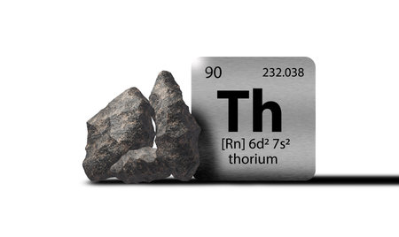 Thorium elements on a metal periodic table with greyish black metamictic Thorium on white...