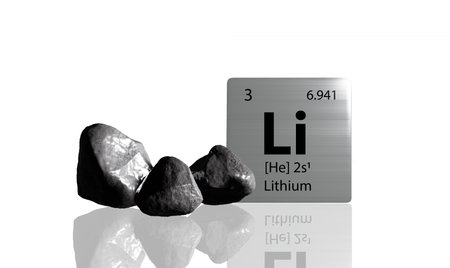 Lithium elements on a metal periodic table with greyish black Lithium on white background. 3D rendered icon and illustration.の写真素材