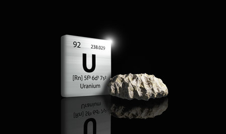 Uranium element on a metal periodic table with yellowish grey metamictic Uranium on dark background. 3D rendered icon and illustration.の写真素材