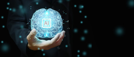 AI's brain. Low poly wire frame mesh of artificial intelligence. Poligonal line art on a man's hand. Humans use AIの写真素材