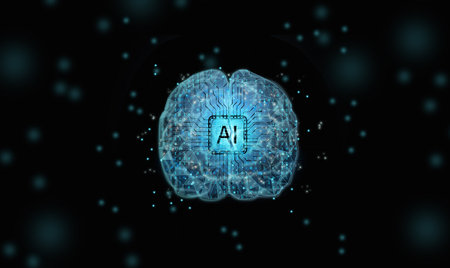 AI brain. Low poly wireframe mesh of artificial intelligence. Polygonal line art AI's processing unit.の写真素材
