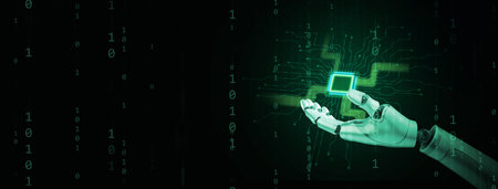Computing power technology and performance concept. Super powerful CPU or microchip in the hand of a...