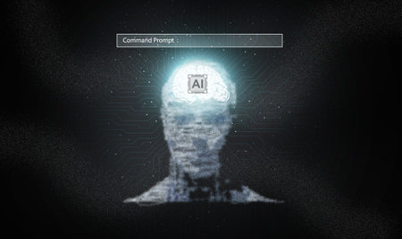 Ai technology. Glowing particles form a virtual graphic shape of human face with brain, circuit pattern, and AI chip. Chat with AI, Artificial Intelligence, through command prompt.の写真素材