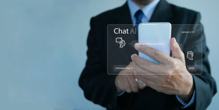 Chat ai concept. Businessman chats with AI on a smartphone. Chatting with a smart artificial intelligence, a customer chatbot service application, using command prompt to generate outputs.の写真素材