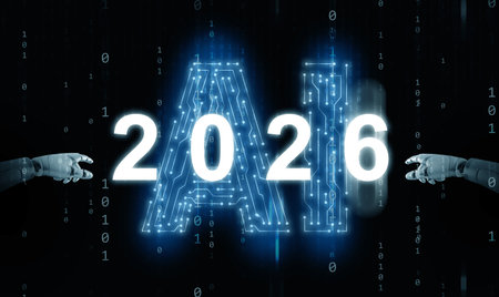Happy new year 2026. Robot's hands are activating ear 2026, with binary code and AI text in the...