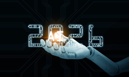 Happy new year 2026. Robot's hand holds year 2026 with AI text on it, to start or begin the new...