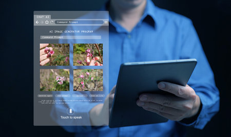 AI image generator. A man uses a program, artificial intelligence assistant, on his tablet to...