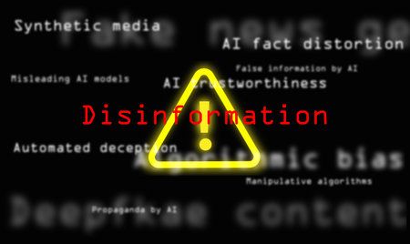 AI, artificial intelligence, and the concept of fake news, misinformation, and disinformation: A warning sign appears behind the word disinformation in red text, surrounded by other related keywordsの写真素材