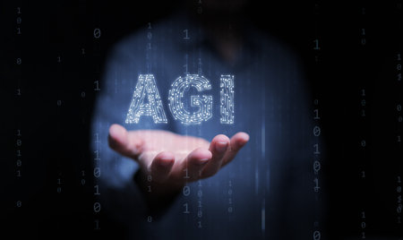 Futuristic AGI concept with human hand and binary codes, symbolizing self-awareness, human-AI connection, consciousness, and the philosophical vision of Artificial General Intelligence evolution.の写真素材