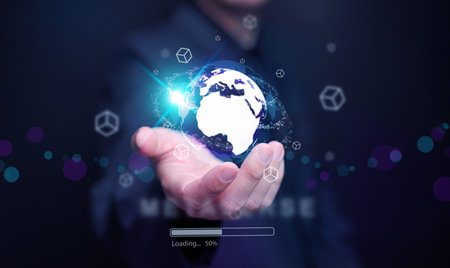 Metaverse and virtual reality technology: a man is accessing an augmented world through VR and AR technology.の写真素材