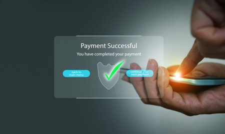 Mobile screen showing payment successful message with glowing touch. Symbol of secure digital...