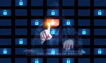 Hacker in hoodie touching digital screen with security lock icon, concept of data protection,...