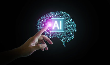 Futuristic concept of artificial intelligence with human finger pointing to glowing digital brain...