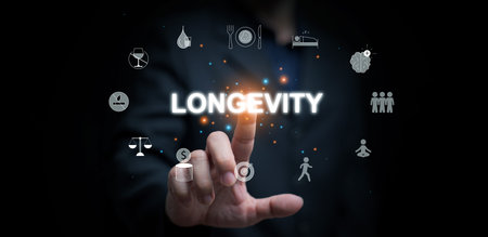 Digital illustration of longevity lifestyle showing healthcare icons like no smoking, hydration, stress relief, wealth balance, and social connection for sustainable wellness.の写真素材