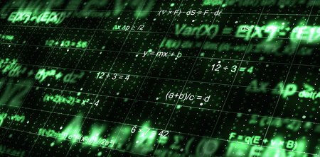 Abstract green science background featuring complex mathematical formulas and physics equations on...